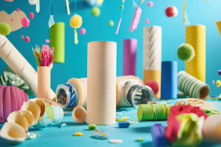 Colorful craft supplies scattered around focus on a central cardboard tube, inspiring creativity and fun.の写真素材