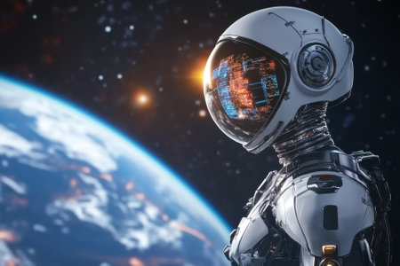 A robot astronaut stands in space, observing Earth with a digital display on its visor showing data and lights.の写真素材