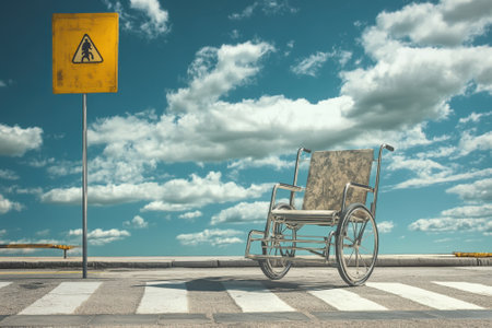 A solitary wheelchair rests on a crosswalk, with a caution sign in the background under bright clouds.の写真素材