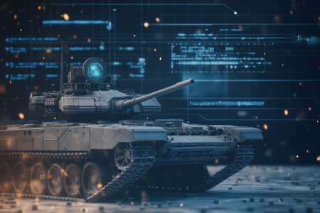 A realistic tank model sits in a digital landscape filled with glowing data and holographic elements.の写真素材