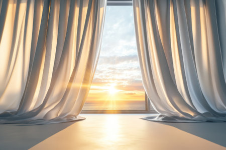 Soft curtains billow gently as a vibrant sunrise fills the room with warm light and colors over the ocean.の写真素材