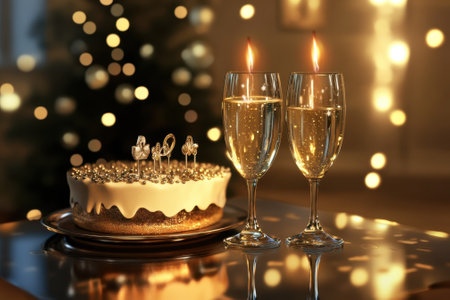 Two glasses filled with champagne sit next to a decorated cake, illuminated by candlelight and festive lights.の写真素材