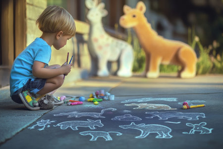 A young child draws colorful animal shapes on the ground using chalk while enjoying a sunny day.の写真素材