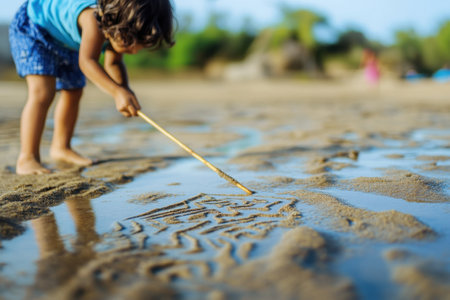 A young child stands barefoot on a sandy shore, using a stick to create patterns in wet sand under clear skies.の写真素材