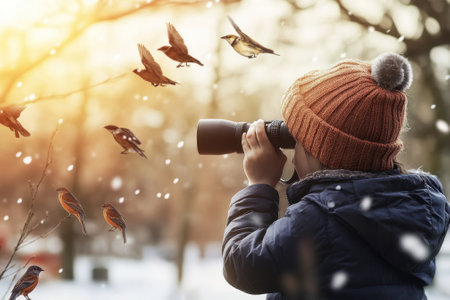 A young child uses binoculars to watch birds fly through trees in a winter setting at sunset.の写真素材
