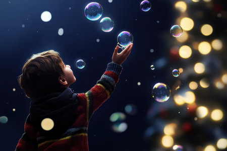 A young child reaches out to catch floating bubbles near a decorated Christmas tree, enjoying the festive atmosphere.の写真素材
