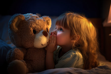 Little girl whispers to her teddy bear while sitting in bed, surrounded by soft lighting at night.の写真素材
