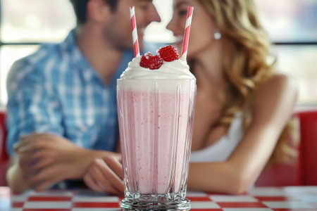 A delicious milkshake with whipped cream and raspberries is enjoyed by a couple at a cozy diner.の写真素材