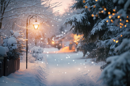 A cozy winter evening with softly falling snow, illuminated by a glowing lantern along a snowy path.の写真素材