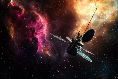 A spacecraft navigates through a vibrant cosmic landscape filled with colorful nebulas and stars.の写真素材