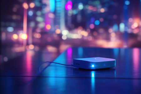 A sleek device rests on a table illuminated by colorful city lights during nighttime.の写真素材