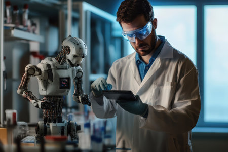 Scientist in lab coat and goggles interacts with humanoid robot while analyzing data on a tablet.の写真素材