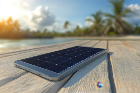 A portable solar charger sits on weathered wood, illuminated by warm sunset light, next to calm water.の写真素材