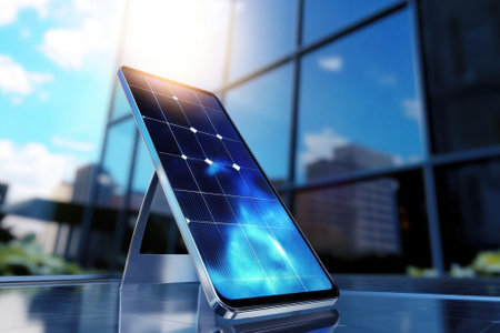 A solar-powered smartphone charging station stands in front of modern office buildings under bright daylight.の写真素材