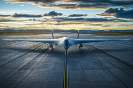 A sleek, modern aircraft awaits departure on a vast runway as the sun sets, casting warm colors across the sky.の写真素材