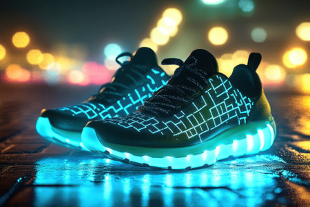 Glowing sneakers with a unique light pattern are displayed on a wet street at night with bokeh lights.の写真素材
