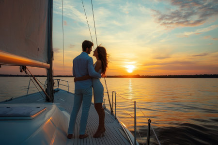 A young couple enjoys a romantic moment on a sailboat as the sun sets over tranquil waters.の写真素材