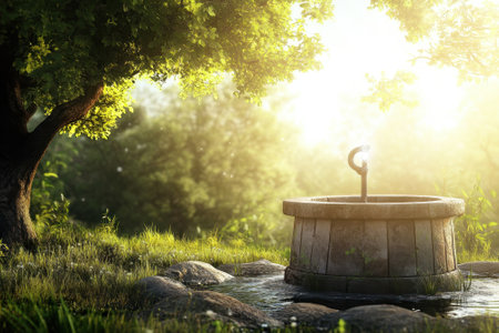 A rustic stone well sits peacefully amidst vibrant green grass and trees, illuminated by gentle sunlight.の写真素材