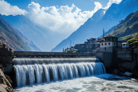 Water flows powerfully over a dam situated in a picturesque mountain landscape under bright skies.の写真素材