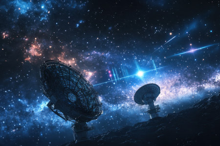 Two large radio telescopes observe distant galaxies and cosmic phenomena in the expansive universe.の写真素材