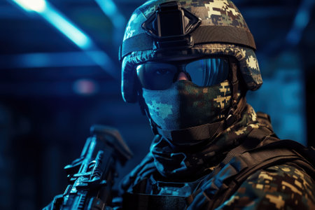 A soldier dressed in camouflage uniform and helmet prepares for a mission in low-light surroundings.の写真素材