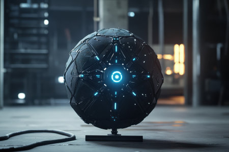 A spherical device featuring glowing blue accents is displayed in an industrial environment filled with machinery.の写真素材