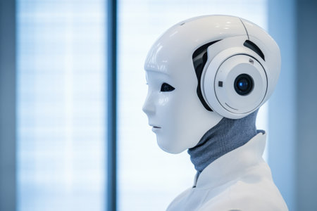 A humanoid robot stands inside a sleek tech space, showcasing its intricate design and features.の写真素材