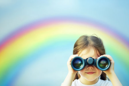A young child joyfully looks through binoculars, fascinated by a colorful rainbow in the sky above.の写真素材