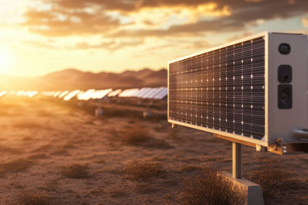 Rows of solar panels gather sunlight as the sun sets over a tranquil desert, highlighting renewable energy efforts.の写真素材