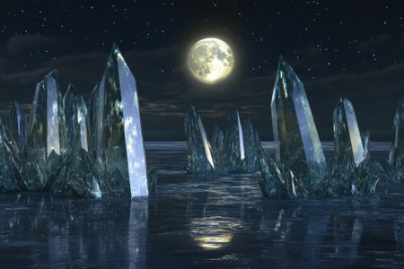 Sharp crystal formations emerge from calm waters illuminated by a bright full moon in a starry sky.の写真素材