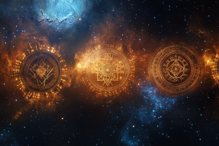 Three radiant symbols emit a golden glow against a vibrant cosmic backdrop filled with stars and nebulae.の写真素材