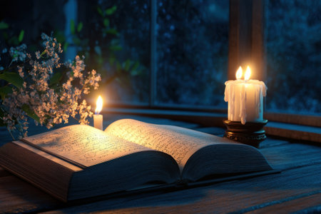 Candlelight softly bathes a large open book, creating a warm ambiance alongside flowers on a wooden table.の写真素材