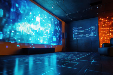 An interactive digital art installation fills the room with vibrant visuals and high-tech displays.の写真素材