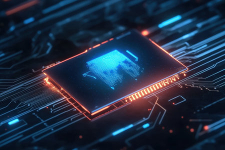 Glowing microchip centered on a circuit board with intricate patterns and lighting effects highlighting technology.の写真素材