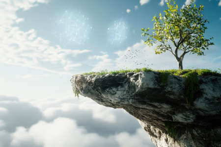 A vibrant tree stands on a rocky cliff, surrounded by clouds and glowing orbs in the sky during daylight.の写真素材
