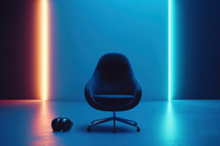 A modern chair surrounded by glowing neon lights in blue and orange, with a virtual reality headset on the floor.の写真素材
