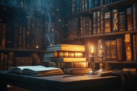 Soft candlelight highlights ancient volumes and a quiet atmosphere, creating a serene reading nook in a library.の写真素材