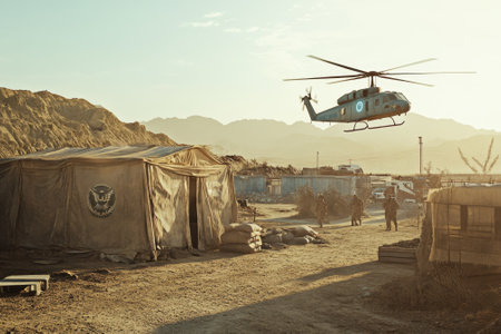 A helicopter is landing at a military base as sun sets behind mountains, creating a serene atmosphere.の写真素材