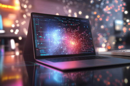 A laptop with a vibrant cosmic interface showcases data analysis in a contemporary work environment.の写真素材