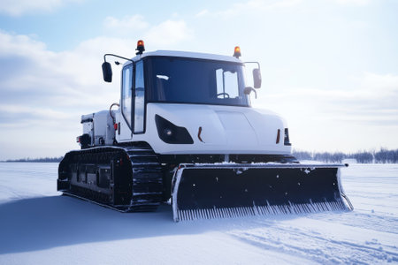 Heavy equipment clears fresh snow across a vast white landscape, showing winter conditions and bright skies.の写真素材