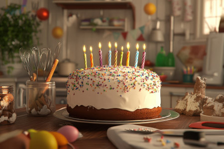 A beautifully decorated birthday cake with candles sits on a table surrounded by festive decorations in the kitchen.の写真素材
