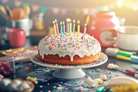 A decorated cake with lit candles sits on a table filled with party supplies and colorful sprinkles.の写真素材