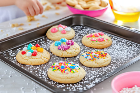 Cookies with vibrant decorations are cooling on a tray in a lively kitchen, inviting creativity and delight.の写真素材