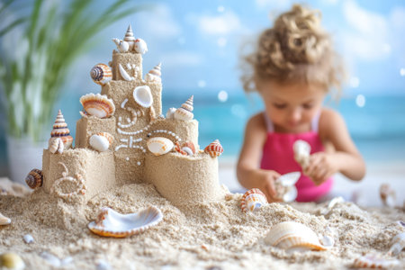A young child is constructing a detailed sandcastle decorated with colorful seashells on a beach.の写真素材