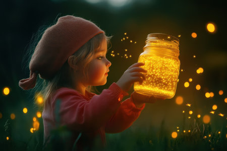 Child admires a jar glowing with magical lights among twinkling fireflies at dusk in a serene field.の写真素材