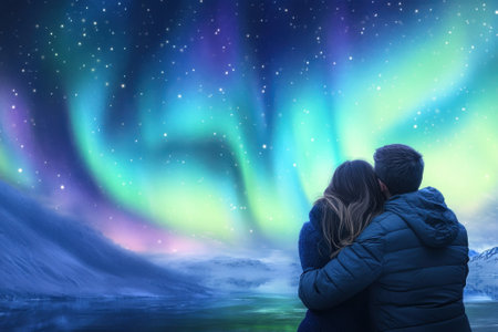 A couple stands together, gazing at the vibrant aurora borealis illuminating the night sky in winter.の写真素材