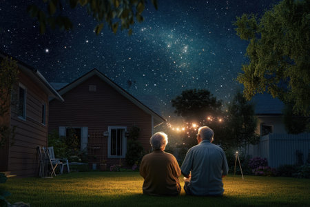 An elderly couple sits together in their backyard, enjoying a quiet evening under the starry sky.の写真素材