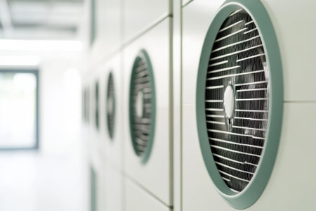 Ventilated wall systems enhance air circulation in a bright indoor space, promoting comfort and airflow efficiency.の写真素材