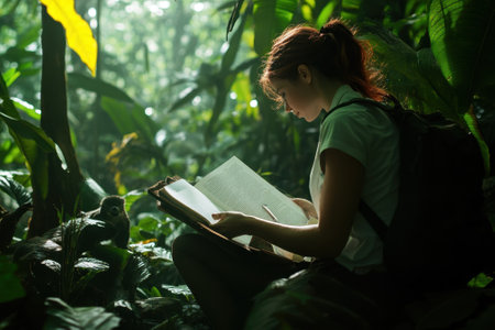A researcher examines notes and sketches while surrounded by dense foliage in a rainforest.の写真素材