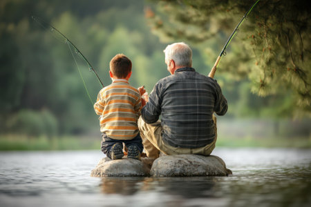 A grandfather sits on a rock with his grandson, both fishing at a calm lake surrounded by nature.の写真素材